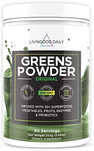 Livingood Daily Greens Powder - Super Greens Powder for Gut Health - Organic Green Blend Superfood with Spirulina, Chlorella, Veggie, Fruits, Herbs, Prebiotics & Enzymes - Smoothie Mix - 30 Servings