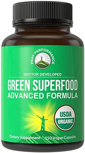 Organic Super Greens 150 Capsules - Green Juice Superfood Supplement with 25 All Natural Organic Ingredients. Max Energy and Detox Super Food Pills with Spirulina, Spinach, Kale, Turmeric, Probiotics