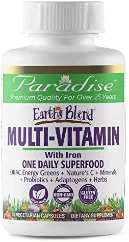 Paradise Herbs Earth's Blend, ORAC Energy Greens, Multivitamin, with Iron, Contains Vitamins A,B,C,D,K2, 60 Vegetarian Capsules