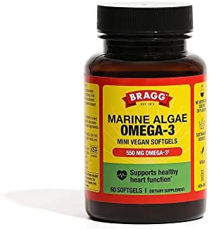 Bragg Vegan Omega 3 Supplement – Sustainably Sourced Marine Algae – Helps Support Brain, Eye & Heart Health - Includes EPA & DHA Fatty Acids – Non-GMO - 60 Softgels