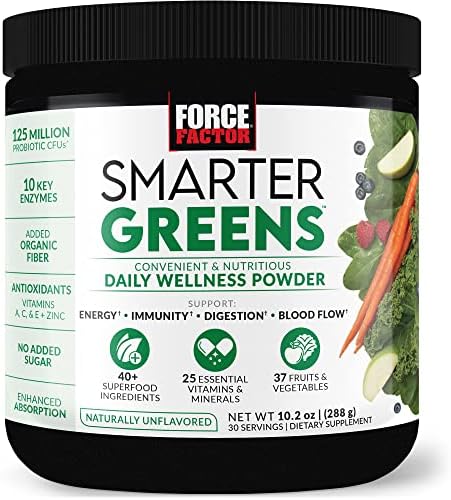 Force Factor Smarter Greens Daily Wellness Powder to Support Energy, Immunity & Digestion, Greens Powder, Superfood Powder with Vitamins, Minerals, and Probiotics,, Naturally Unflavored, 30 Servings