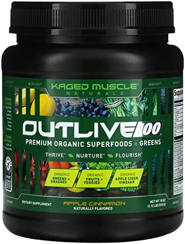 Kaged Muscle Outlive 100 Organic Superfoods and Greens Powder with Apple Cider Vinegar, Antioxidants, Adaptogen, Prebiotics,(Apple Cinnamon, 30 Servings)