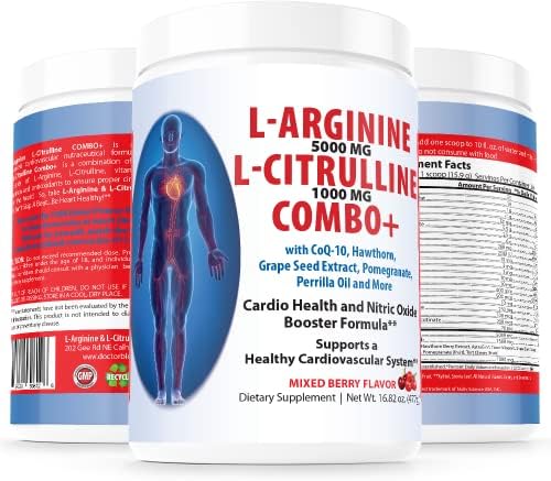 L-arginine 5000 mg and L-citrulline 1000 mg Combo, Nitric Oxide Supplement Complex, Cardio Heart Health Powder, Mixed Berry Flavor, 16.82 Oz..