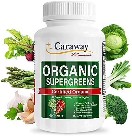 Organic Superfoods Vitamins Super Greens Complex by Caraway Vitamins 1,350 mg per Serving 28 Fruits Vegetables Greens 60 Count Tablets Non-GMO Natural for Men & Women