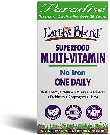 Paradise Herbs Earth's Blend, ORAC Energy Greens, Multivitamin, Contains No Iron, Contains Vitamins A,B,C,D,K2, 60 Vegetarian Capsules