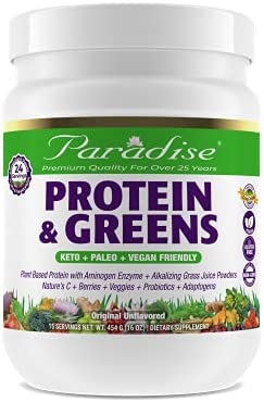 Paradise Herbs Organic Proteins & Greens Powder, with Berries, Veggies, and Probiotics Keto, Paleo, Vegan, 15 Servings, 16 oz