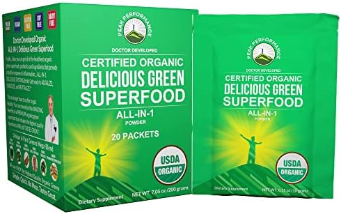 Peak Performance Organic Greens Superfood Powder Single Serve Travel Packets. Best Tasting Organic Green Juice Super Food with 25+ All Natural Ingredients for Max Energy and Detox. (20 Pack)