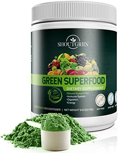 Shoutgriin Green Superfood Powder (9.5 oz) | Vegan Vegetable Powder Supplement | Keto-Friendly Super Greens Powder | Organic Green Smoothie Mix | Probiotic Powder with Wheat Grass, Spirulina, and More