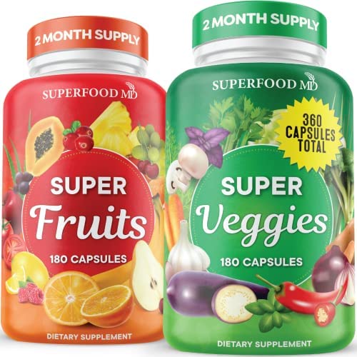 Superfood Fruit and Veggie Supplement - 360 Fruit and Veggie Capsules -100% Whole Super Fruit and Super Vegetable Supplements & Vitamin, Made in USA, Soy Free, Vegan- 60 Servings