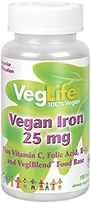 VegLife Vegan Iron 25 mg | Plus Vitamin C, Folic Acid, B-12 and VegiBlend Food Base | Plant Based Iron Supplement for Women & Men | 100 Tablets