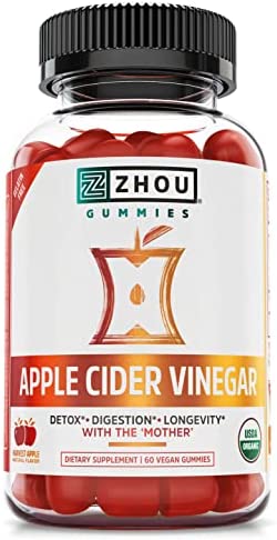 Zhou Nutrition Apple Cider Vinegar Gummies with The Mother, ACV Detox & Cleanse, Natural Probiotics, Digestion Support, Heart Health, Gelatin-Free, Vegan, Gluten-Free, Non-GMO, 60 Count