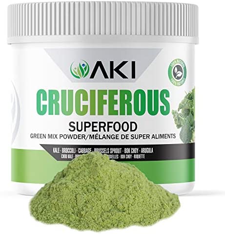 AKI Cruciferous Superfood Blend Powder (5.3oz/ 150G) Made of Kale, Broccoli, Cabbage, Brussels Sprout, Bok Choy, Arugula, Ideal to Boost Greens Veggie Smoothie Supplements Vitamins