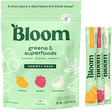 Bloom Nutrition Green Superfood Stick Packs | Super Greens Powder Juice & Smoothie Mix | Complete Whole Foods, Organic Spirulina and Chlorella, Probiotics, Digestive Enzymes, & Antioxidants (Variety)