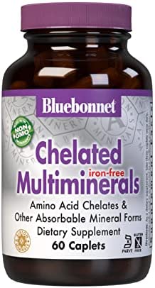 Bluebonnet Nutrition High Potency Chelated Multiminerals (Iron-Free), Albion Chelated Minerals, Soy-Free, Gluten-Free, Non-GMO, Kosher Certified, Dairy-Free, 60 Caplets, 20 Servings