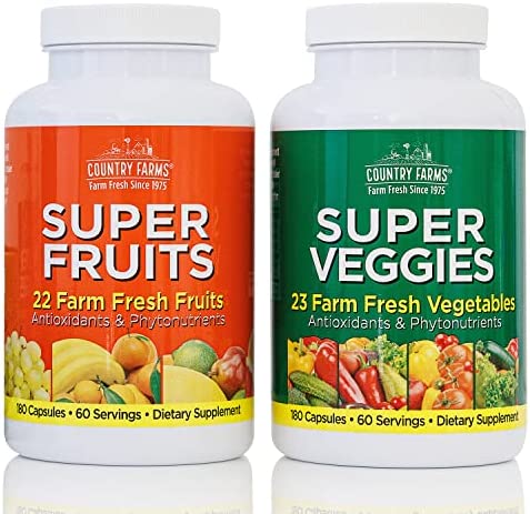 COUNTRY FARMS Fruits and Vegetables Supplement, 180 Fruit and 180 Veggie Capsules, Greens and Reds Packed with Superfoods, Powerful Antioxidants, 60 Servings