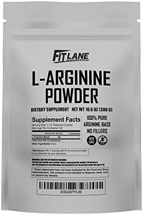 Fit Lane Nutrition L-Arginine Powder. 5000mg per Serving. Pure Nitric Oxide Supplement 300 Grams (10.5 oz) Bag.