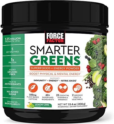 Force Factor Smarter Greens Superfoods + Energy Powder, Greens Powder with Plant-Based Caffeine, Probiotics, and Digestive Enzymes, Superfood Powder to Boost Energy and Support Immunity,, 30 Servings