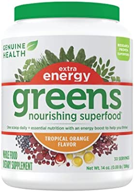 Genuine Health Greens Extra Energy Superfood, Natural Orange, Non GMO, 399 Gram tub