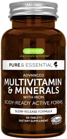 Pure & Essential Advanced Vegan Multivitamin & Minerals for Women with Iron, Methylated Folate, Clean Label, Non-GMO, Sustained Release, 60 Tablets