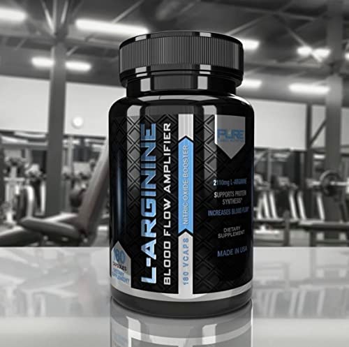 Pure Label Nutrition-Maximum Strength Pure L-Arginine 2110mg Nitric Oxide Booster. Increase Blood Flow, Muscle Growth, Endurance, Energy and Immune Support. Enhances Athletic Performance. (180 caps)