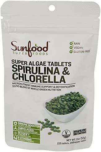 Sunfood Raw Spirulina Chlorella Tablets | 50/50 Blend | Chlorophyll Rich | Broken Cell Wall | Blue Green Algae Superfood | Organic & Non GMO | 100% Pure | 2 oz Bag| 228 Tablets/Bag | 250 mg/Tablet