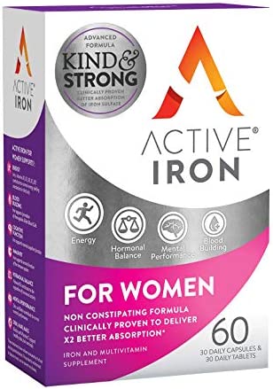 Active Iron for Women, Non-Constipating, 30 Active Iron High Potency Capsules with 30 Multivitamin Tablets, Helps Strengthen Your Immune System