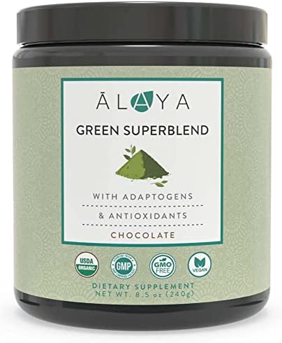 Alaya Organic Super Greens Powder - Premium Green Juice Superfood Supplement Powder - Adaptogens, Antioxidants & Probiotics Blend - USDA Organic, Non-GMO, Vegan - 30 Servings (Chocolate)