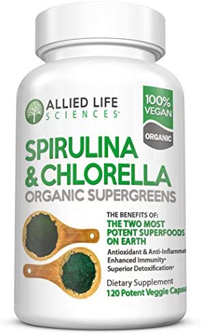 Allied Life Spirulina and Chlorella | Organic Chlorophyll Vegan Protein Powder Green Superfood | 120 Capsules