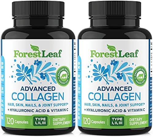 ForestLeaf - Collagen Pills with Hyaluronic Acid & Vitamin C - Reduce Wrinkles, Tighten Skin, Boost Hair, Skin, Nails & Joint Health - Hydrolyzed Collagen Peptides Supplement - 120 Capsules (2 Pack)