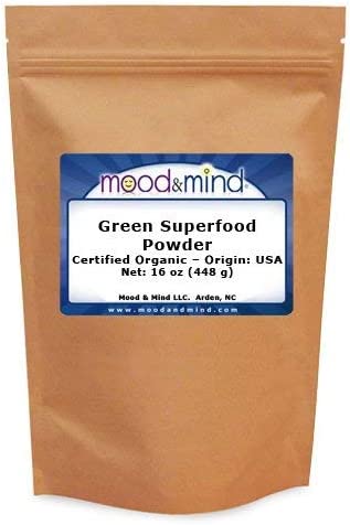 Organic Green Superfood Powder (14 Super-Foods - Spirulina, Wheatgrass, etc) 1 lb./16 oz (448g.)