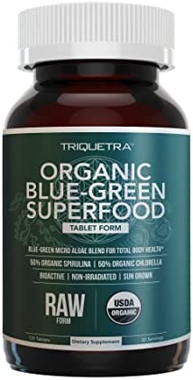 Organic Spirulina & Chlorella Tablets – 4 Organic Certifications, Raw, Non-Irradiated – 50/50 Blue Green Algae Blend – Antioxidant Content Equal to 5 Servings of Vegetables (120 Tablets)