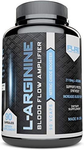 Pure Label Nutrition-Maximum Strength Pure L-Arginine 2110mg Nitric Oxide Booster. Increase Blood Flow, Muscle Growth, Endurance, Energy and Immune Support. Enhances Athletic Performance. (90 caps)