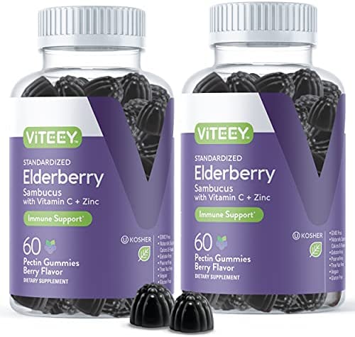 Sambucus Black Elderberry Gummies [3 in 1 Immune Booster] Plus Zinc & Vitamin C - Herbal Dietary Supplements, Plant Based Pectin - Good for Adults Teens & Kids - Berry Flavored Gummy [60 Count-2 Pack]