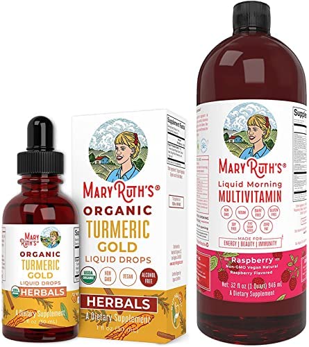 Turmeric Gold Drops & Morning Multivitamin (Raspberry) Bundle | USDA Organic Herbal Liquid for Immune & Digestive Support | Liquid Vitamins for Immune Support & Overall Wellness