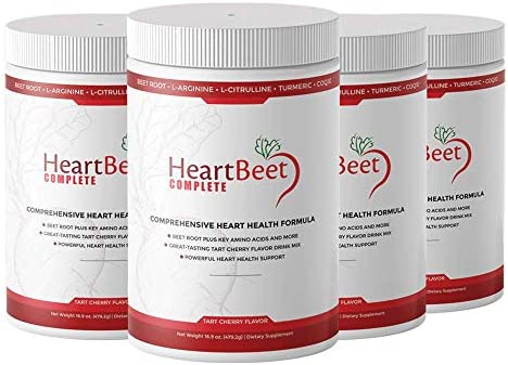 4 HeartBeet Complete - Natural Beetroot Powder Formula for Blood Pressure, Cholesterol, and Circulation w/L-arginine, L-citrulline, CoQ10 & Turmeric. 30 Servings in Ea.