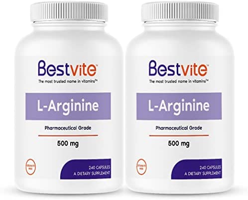 BESTVITE L-Arginine 500mg (480 Capsules) (240 x 2) - No Magnesium Stearate - No Silicon Dioxide - No Fillers - Non GMO - Gluten Free