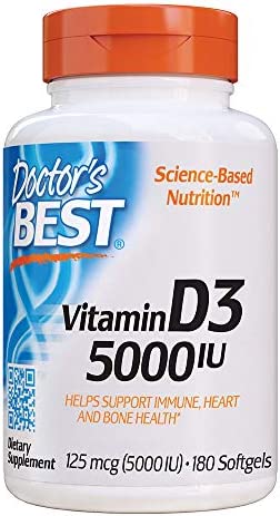 Doctor's Best Vitamin D3 5000IU, Non-GMO, Gluten & Soy Free, Regulates Immune Function, Supports Healthy Bones, White, No Flavour, 180 Count