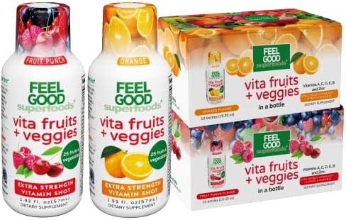 FeelGood Superfoods Vita Fruits and Veggies Immune Support Shot Supplements, 25 Organic Fruits and Veggies, Ready to Drink Immunity Booster, Orange and Fruit Punch Flavor, Combo Pack of 20