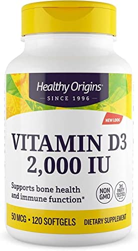 Healthy Origins Vitamin D3 2,000 IU (Non-GMO, Bone Support, Immune Support, Gluten Free), 120 Softgels