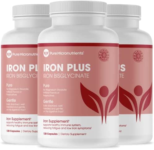 Iron Plus Supplement, Natural Ferrous Chelate, Bisglycinate 25mg + Vitamin C, B6, B12, Folic Acid, 240 Count (3 Pack)