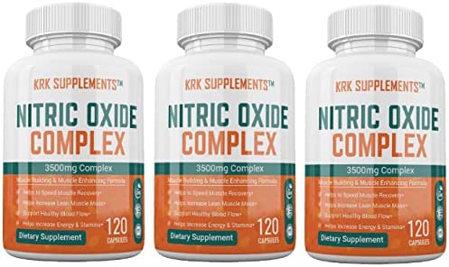 KRK SUPPLEMENTS 3 Bottles Nitric Oxide Complex 3500mg Per Serving L-Arginine HCL AAKG AKG Alpha Ketoglutarate Citrulline Malate 360 Total Capsules