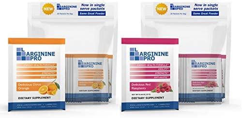 L-ARGININE PRO Supplement ON-The-GO Single Serve Travel Packets - 5,500mg of L-arginine Plus 1,100mg L-Citrulline (2 Bags (60 Packets), Citrus Orange + Raspberry)