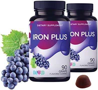 LIVS Iron Plus Gummy Vitamin - Iron with Vitamin C, Iron Gummies for Adults & Kids, All-Natural, Gluten-Free, Non-GMO, Iron Supplement Gummies - Grape Flavored, 180 Count, Pack of 2