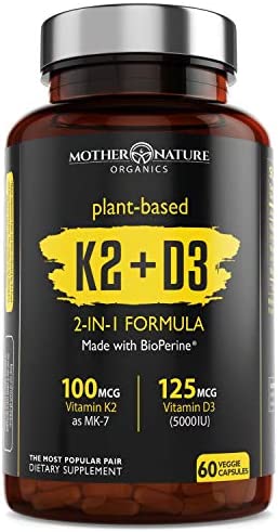 Mother Nature Organics Vitamin K2 + D3 Supplement Plant-Based Vegan D3 (5000iu) with MK7 Vitamin K2 (100mcg) - 60 Vegetable Capsules