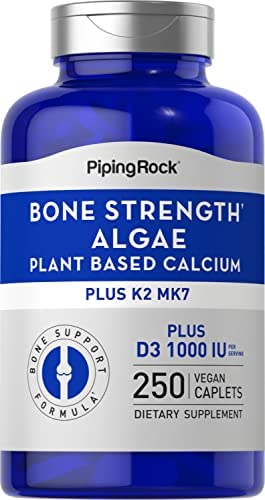 Piping Rock Bone Strength Algae Supplement | 250 Caplets | Plant Based Calcium with Vitamin K2, D3, Magnesium | Vegan, Non-GMO, Gluten Free