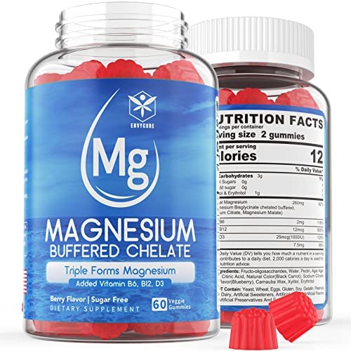 Sugar Free Magnesium Gummies, Triple Magnesium Supplement | Magnesium Glycinate, Malate, Citrate w/ D3 B6 B12, 260mg Chelated for High Absorption, for Calm, Sleep, Mood & Muscle Cramp, Vegan, 2 Pack