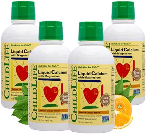 ChildLife Essentials Liquid Calcium Magnesium Supplement - Supports Healthy Bone Growth for Children, Contains Vitamin D3 & Zinc, All-Natural, Gluten Free & Non-GMO - Natural Orange Flavor, 16 Fl Oz Bottle (Pack of 4)