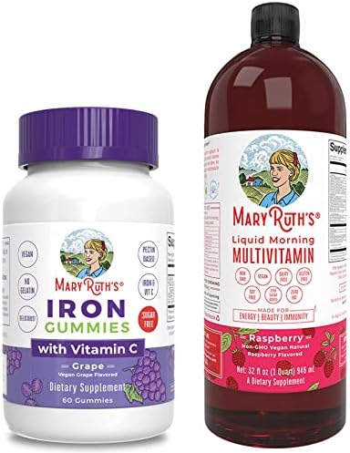 Adult Iron Gummies & Morning Multivitamin Raspberry by MaryRuth's | Iron Supplement for Iron Deficiency | Liquid Vitamins for Immune Support Supplement, Overall Wellness