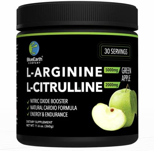 BlueEarth Company L-Arginine 5000mg + L-Citrulline 2000mg Complex Powder Supplement - Nitric Oxide Booster - Green Apple Flavored - 360g