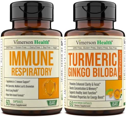 Bundle Immune Support Supplement for Sinus Health, Lung Cleanse + Turmeric Curcumin with Ginkgo Biloba & BioPerine. Daily Respiratory Support for Men and Women + for Brain Function